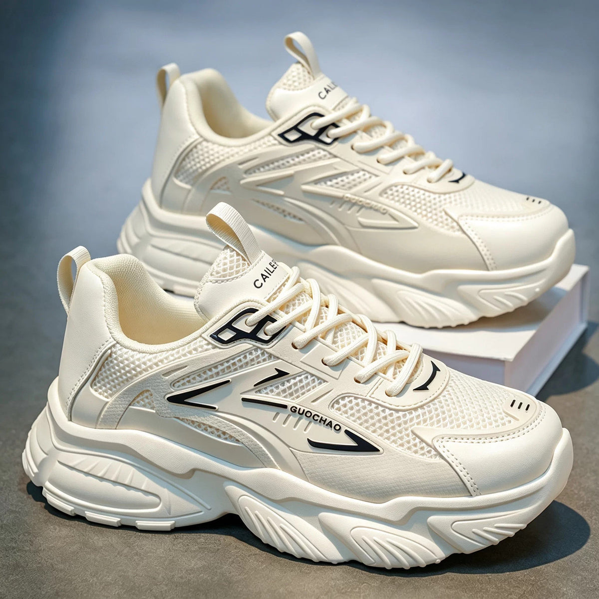 Men's White, Silver and Cream Mesh Platform Running Sneakers