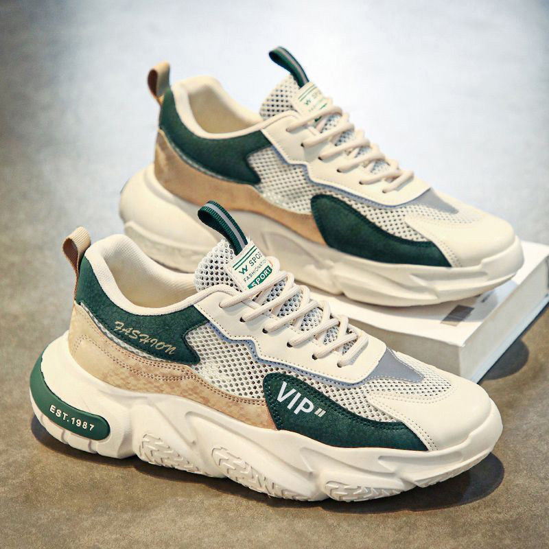 Men's White, Cream and Beige Mesh Platform Running Sneakers